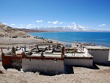 08 Seralung Gompa With Lake Manasarovar And Gurla Mandhata From Hor Qu we drive the Lake Manasarovar Kora, following dirt roads around the lake and stopping at monasteries en route. Our first stop on the Kora was Seralung Gompa at the northeast corner of the lake.